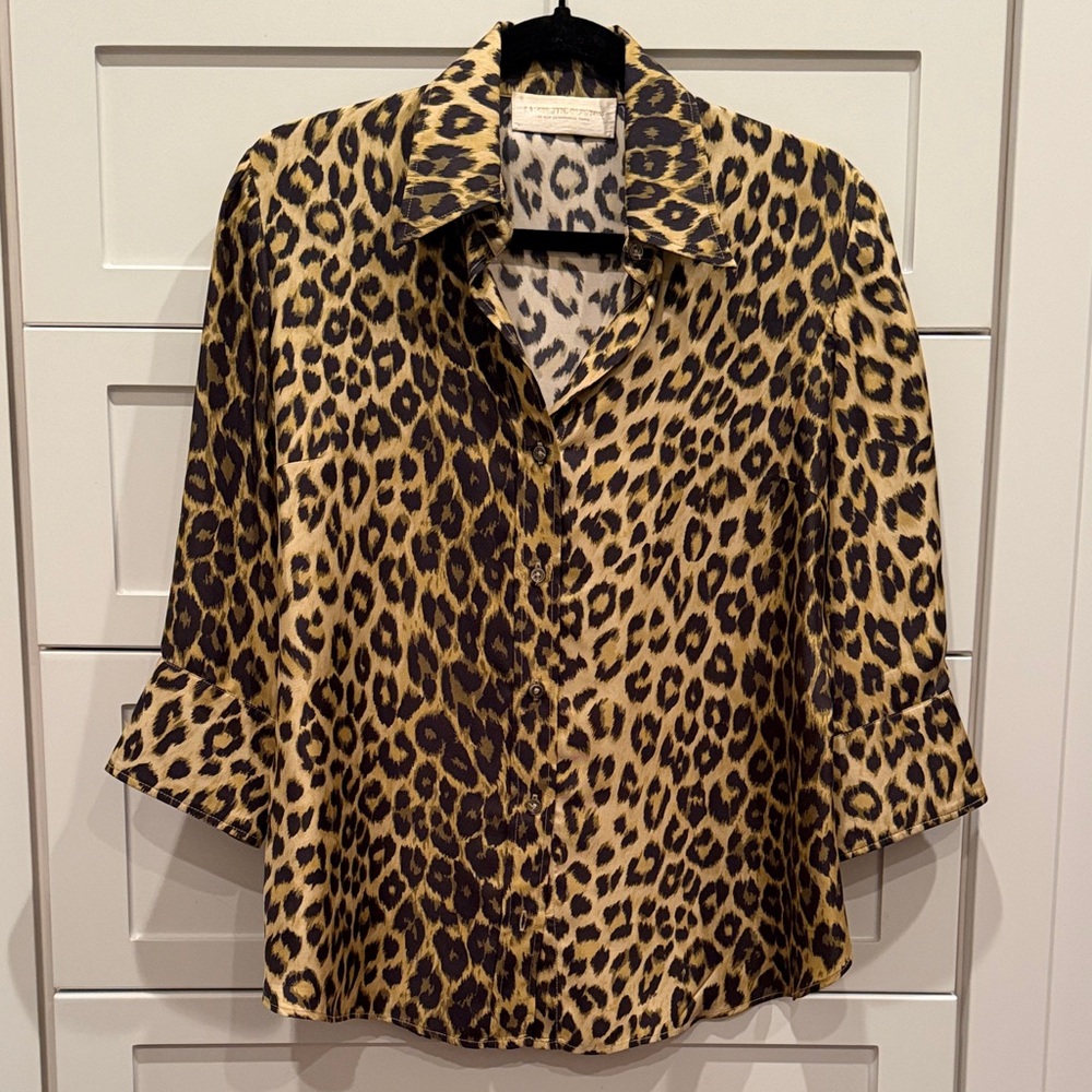 La Prestic Ouiston 100% Silk Leopard Print Button-Down Shirt